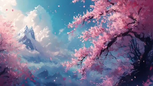 Cherry blossoms framing distant snow mountain landscape.