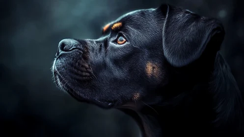 Black dog profile glows under dramatic blue rim light.