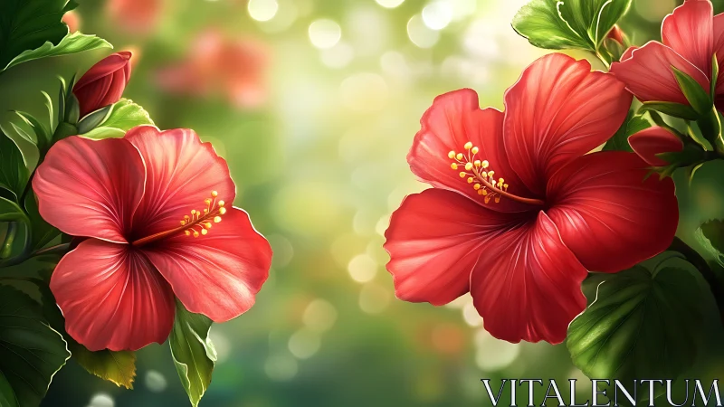 Crimson Hibiscus Dance: Radiant Blooms in Emerald Splendor.