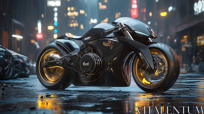 Futuristic black motorcycle on wet neon city street at night.