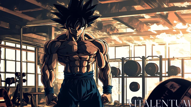 Anime warrior trains intensely in sunlit industrial gym.