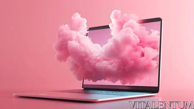 Laptop portal emitting volumetric pink vapor cloud simulation.