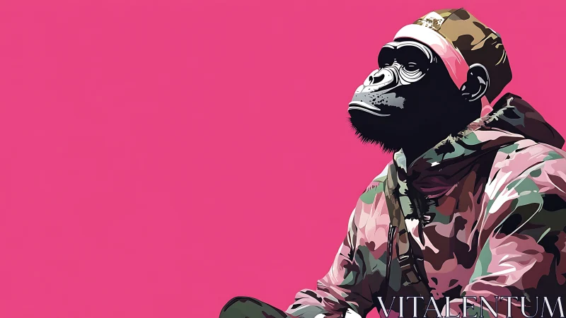 Gorilla in camouflage jacket against flat pink backdrop.
