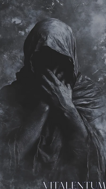 Shrouded figure with obscured face and high-contrast draped fabric