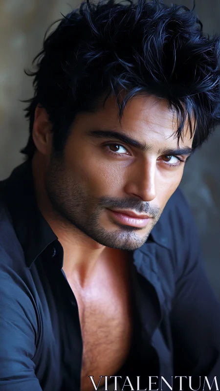 Dark-haired man holds direct gaze in close portrait