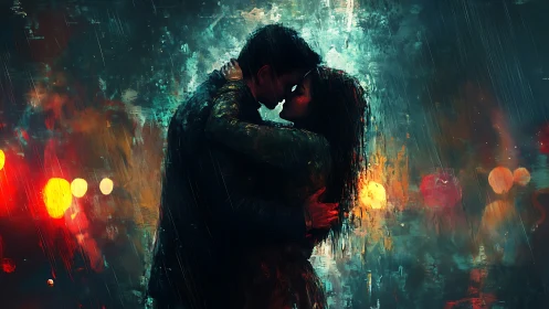 Solitary Embrace Beneath Urban Rainfall. Digital rendering of intimate connection against cybernetic