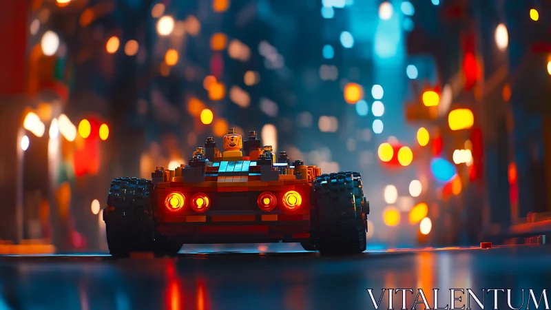 Lego race car glows against neon city bokeh at night.