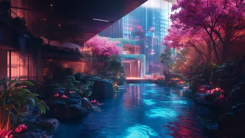Neon-lit indoor river merges cyber city with cherry garden