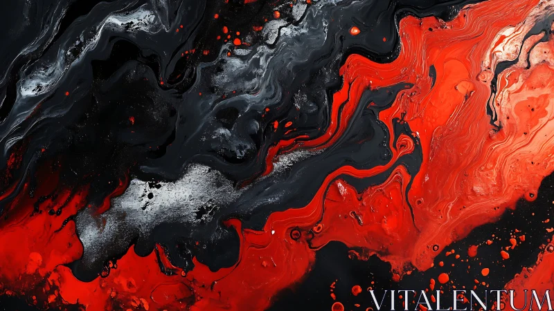 Molten red and black fluid abstraction stirs a volcanic calm