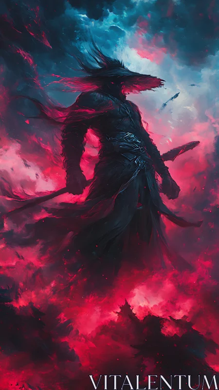 Shadow warlord rises amid crimson storm clouds of chaos.