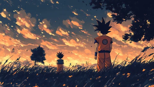 Spiky-haired warriors watch stormlit sunset sky over field