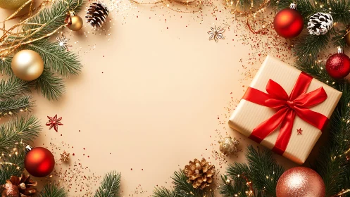 Golden holiday gift nestles among festive pine branches