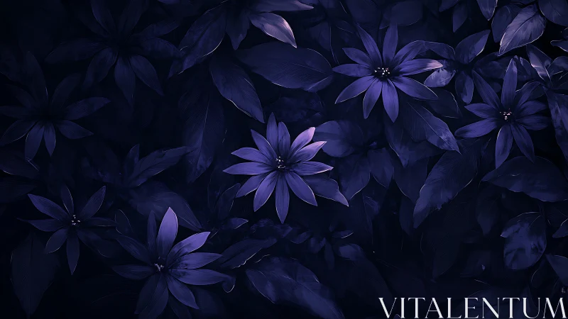 Deep Blue Floral Composition with Dark Atmospheric Tones.