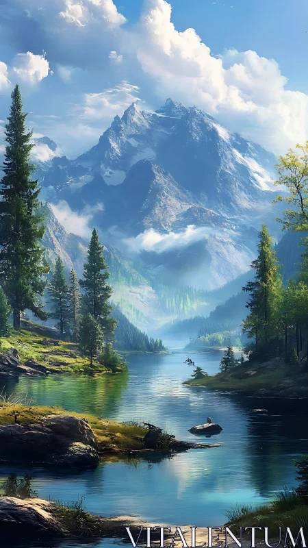 Glacial alpine valley lake with volumetric cloudscape rendered.