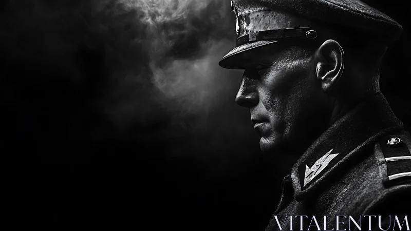 Stoic military officer stands in drifting monochrome smoke