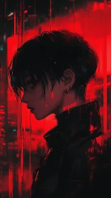 Profile view of short haired figure in red digital glow.