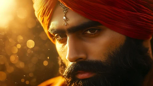 Golden portrait studies intense gaze under warm light.