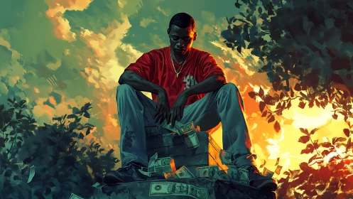 Brooding street king on cash throne amid blazing sunset sky.