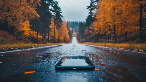 Autumn forest highway with reflective smartphone foregrounded.
