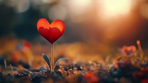 Heart-shaped flower in soil ground with soft focus backdrop.