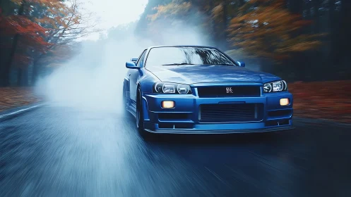 Blue sports coupe drifting on wet forest road in autumn.