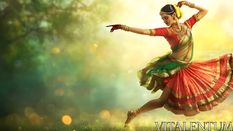 Graceful classical dancer spins through golden forest light