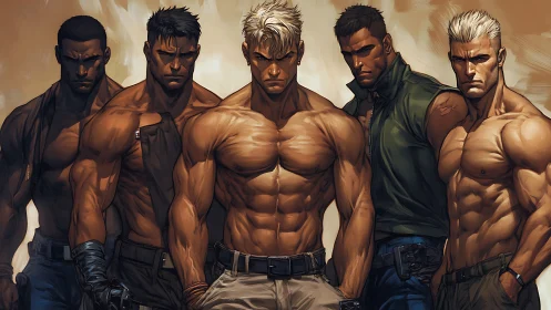 Five muscular soldiers stand united in intense formation.