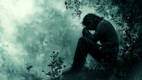 Silhouetted sorrow curls inward beneath storm-tinted foliage