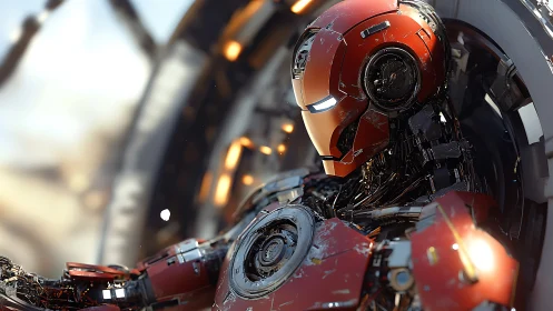 Battle-scarred red mech awakens within a glowing tech forge