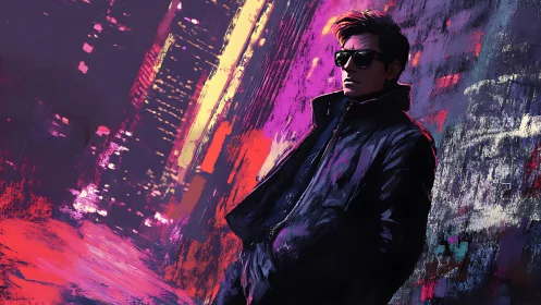 Neon city loner in dark jacket under electric night glow.