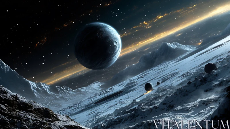 Oblique frozen exoplanet horizon with ringed gas giant overhead.