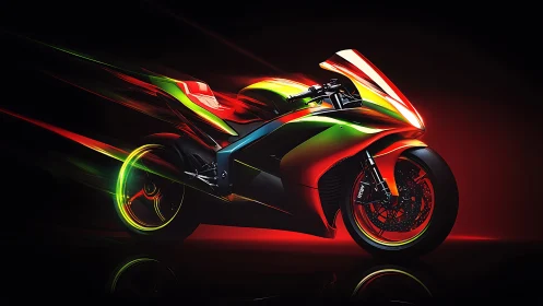 Neon-laced aerodynamic superbike in high-speed motion streaks