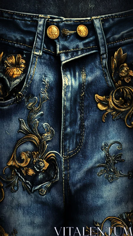 Ornate blue denim jeans with gold floral baroque embroidery.