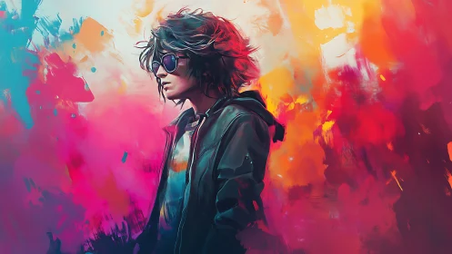 Neon street youth in leather jacket amid abstract color storm.