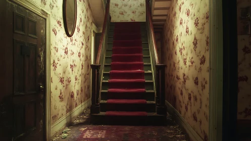 Photorealistic decayed hallway staircase with red carpet focus.