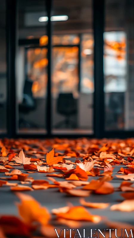 Fallen autumn leaves quietly transform a modern office floor
