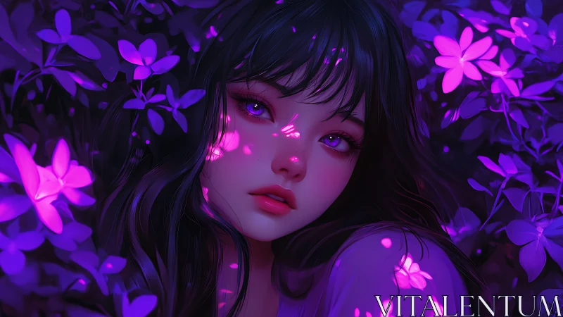 Midnight blossom dreamer bathed in neon moon petals.