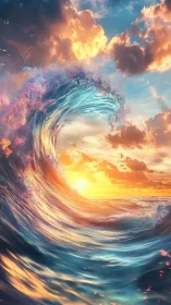 Solar-illuminated breaking wave with iridescent spray at sunset