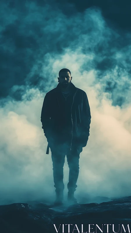 Silhouetted figure in dense fog on dark atmospheric ground.