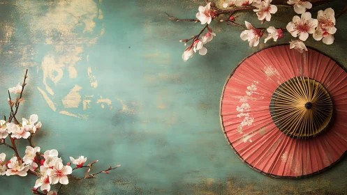Cherry blossom branches and paper parasol on blue surface.