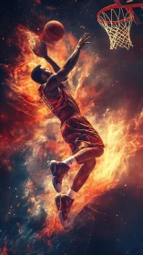 Kinetic basketball dunk amid volumetric flame dynamics.