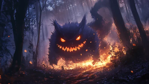 Large glowing-eyed creature advances through burning forest