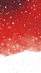 Gentle winter snowfall dances across a warm red evening sky