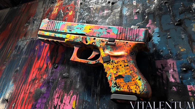 Color-splattered handgun on textured grunge wall background.