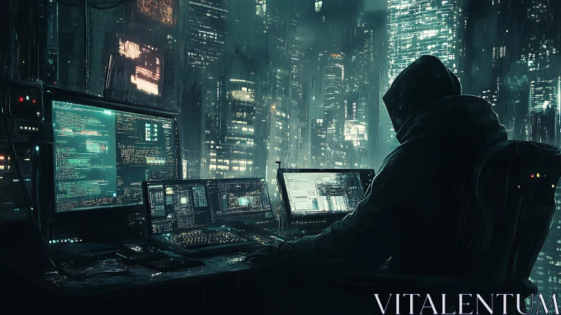 Midnight codebreaker haunts neon towers in digital rainfall.