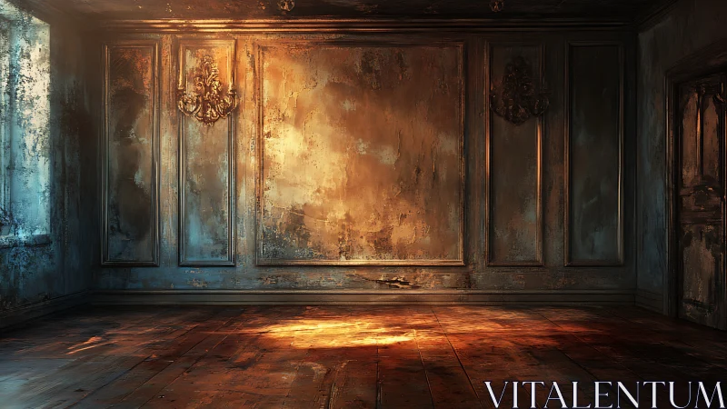 Sunlit ghost of grandeur in a weathered, empty salon.