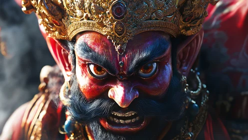 Digital rendering depicts ornate red-faced mythic figure