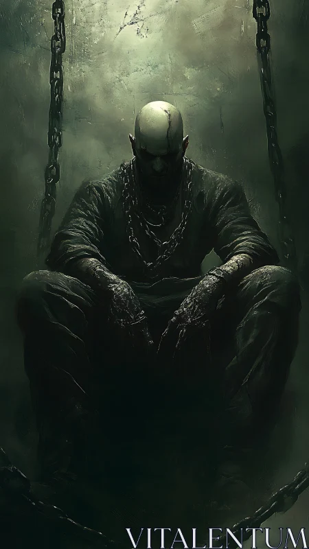 Chained bald figure in moody green chiaroscuro lighting.