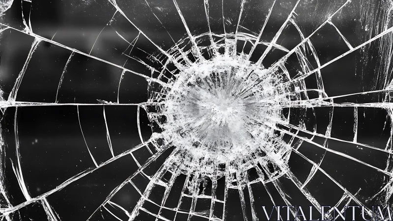 Radial fracture pattern in shattered glass, high-contrast study.