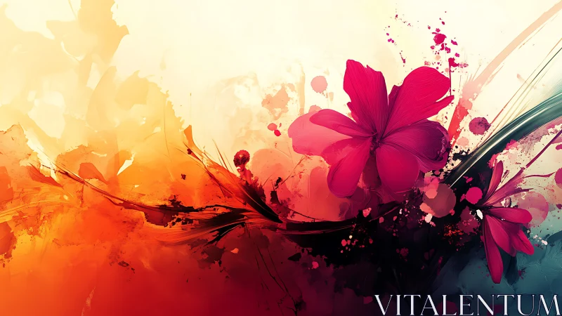 Digital Floral Composition with Gradient Color Transition and Ink Splatter Texture